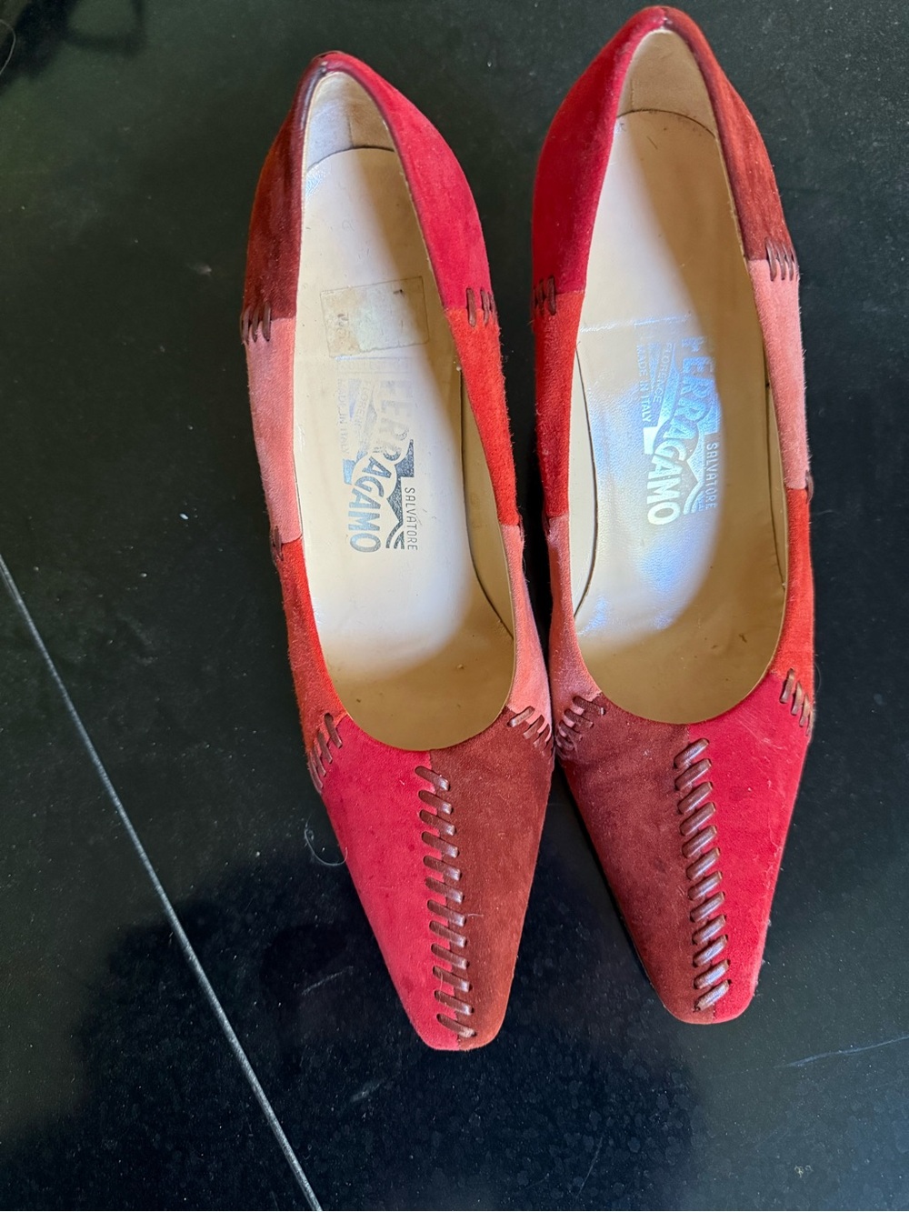 Salvatore Ferragamo Two-Tone Red Suede Pointed Pumps